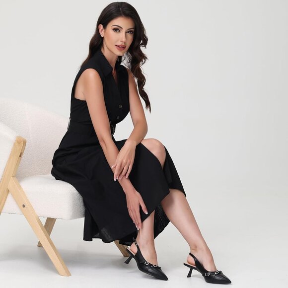 Mostrin Kitten Heels BlackFaux Leather Low Slingback Heels with Buckle - Picture 3 of 9